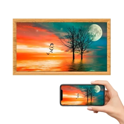 Digital Photo Frame LCD 21.5" inch Real Wood Light Brown Border Less Smart Touch Screen WiFi Picture Display Bluetooth Remote App IOS Android Cloud